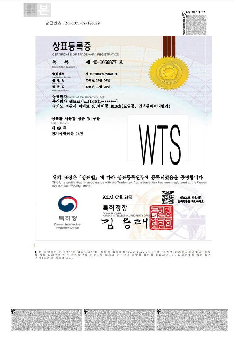 상표등록증(제40-1066877호)